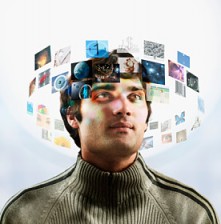 Man with images circling around his head